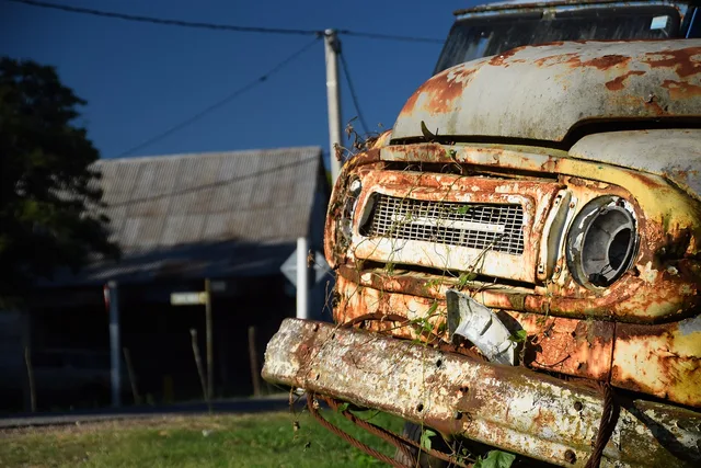 truck, rust, abandoned, bumper, vehicle, junk, broken, old, closeup. Checking quality in a junk removal business, job by job
