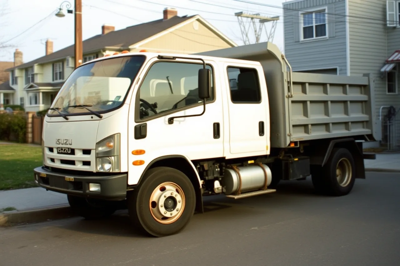 Isuzu NPR cabover truck with dump body on a narrow street (Junk removal equipment makers worth knowing)