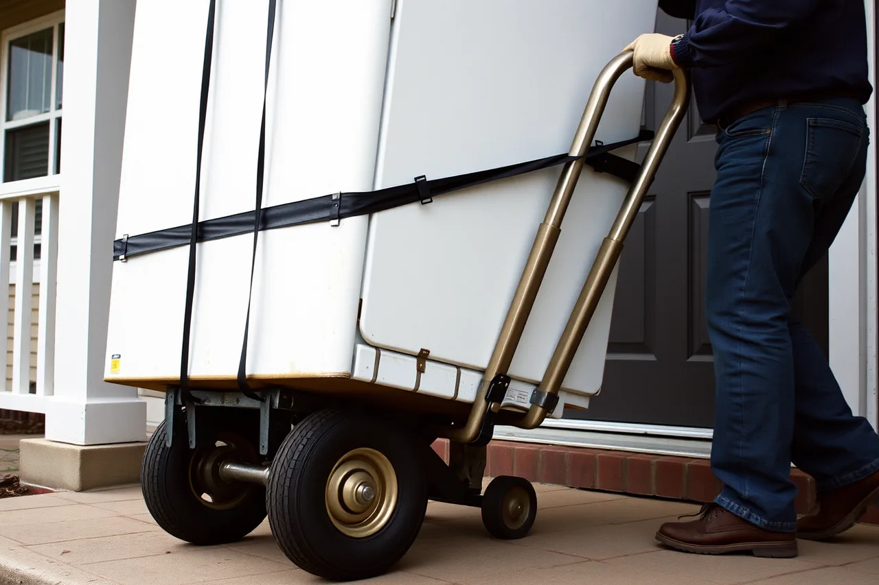 Worker tilting a refrigerator on an appliance hand truck (Junk removal equipment makers worth knowing)