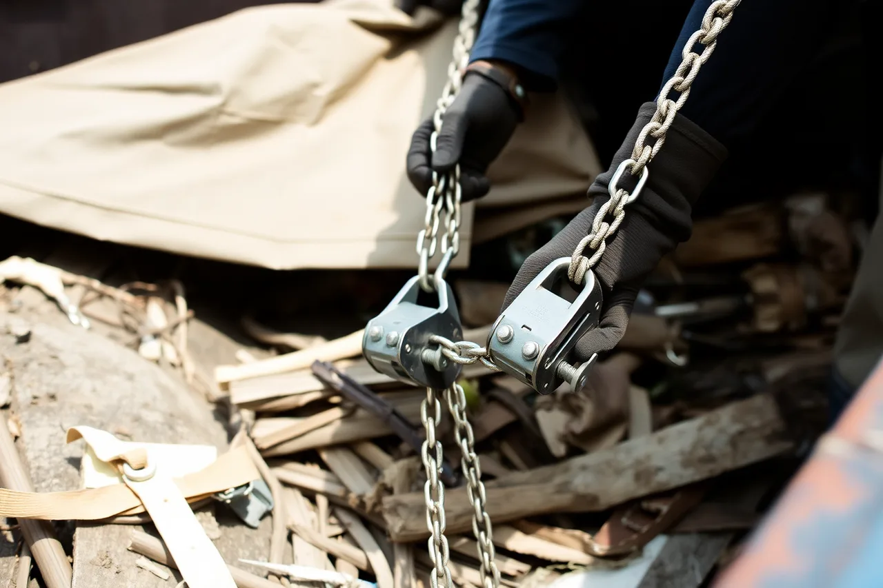 Ratchet straps and chains securing debris in a truck bed (Junk removal equipment makers worth knowing)