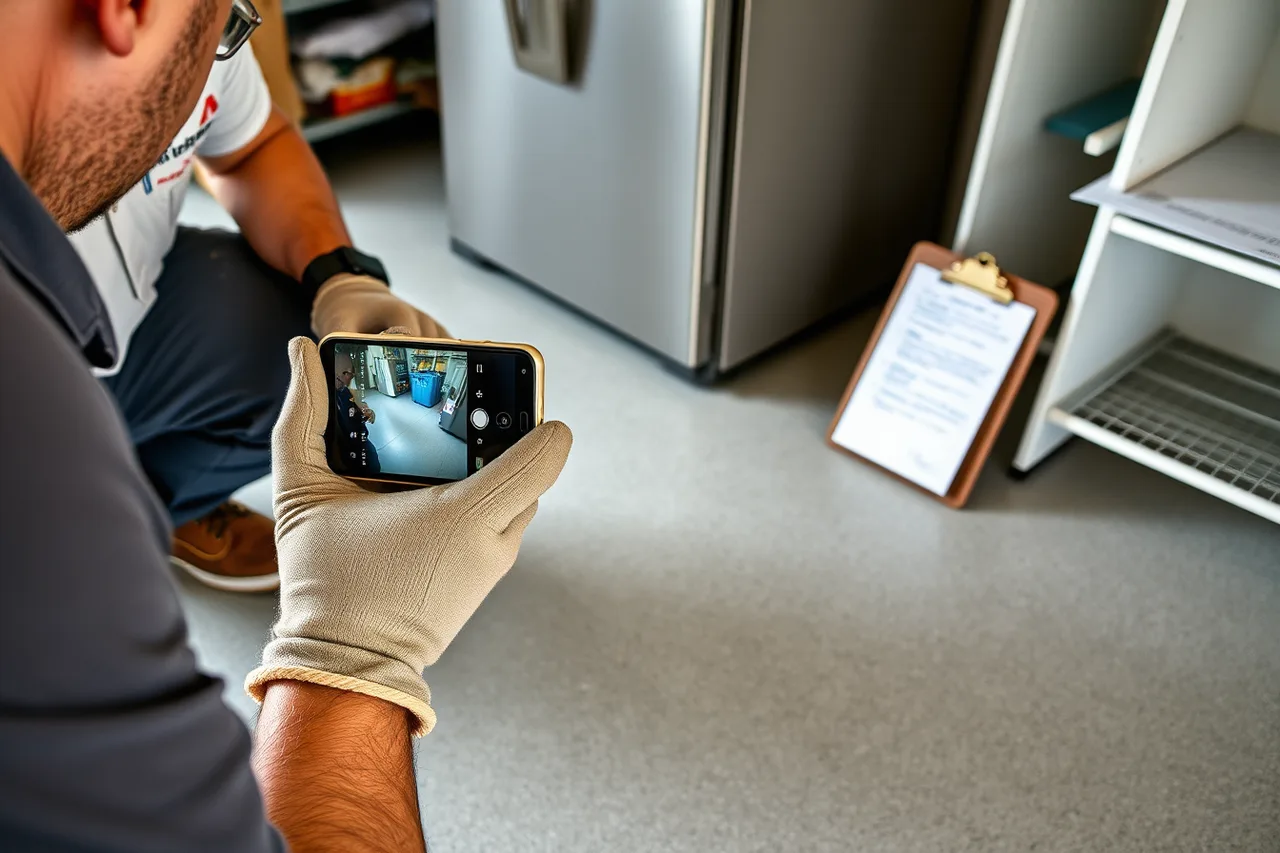 Crew member photographing garage floor before moving a refrigerator (Junk removal damage claim process: what to do when a customer complains)