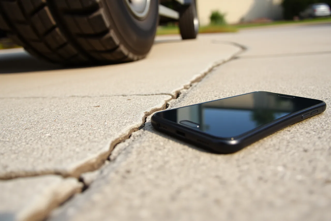 Hairline crack at driveway edge under a truck tire (Junk removal damage claim process: what to do when a customer complains)