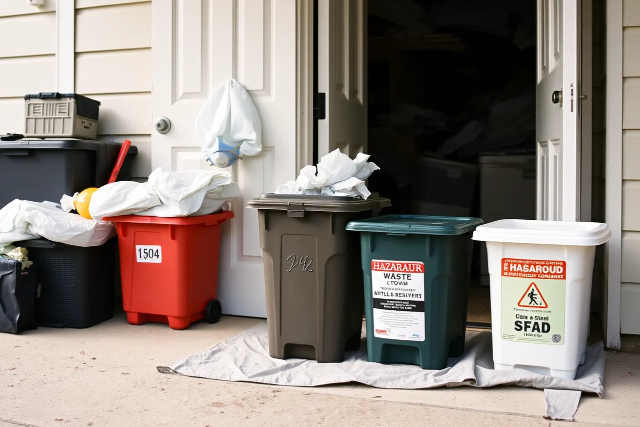 Gloves, respirators, boot covers, sharps container, and two waste bins staged at entry (Junk removal hoarding cleanup checklist: rooms, health, and billing)
