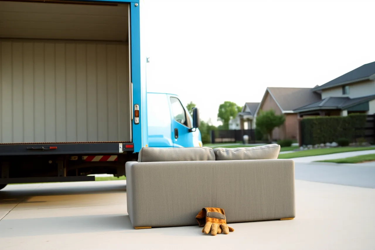 Uniformed crew loading a couch into a wrapped junk removal box truck (Reviewing junk removal services: strengths, gaps and a verdict)