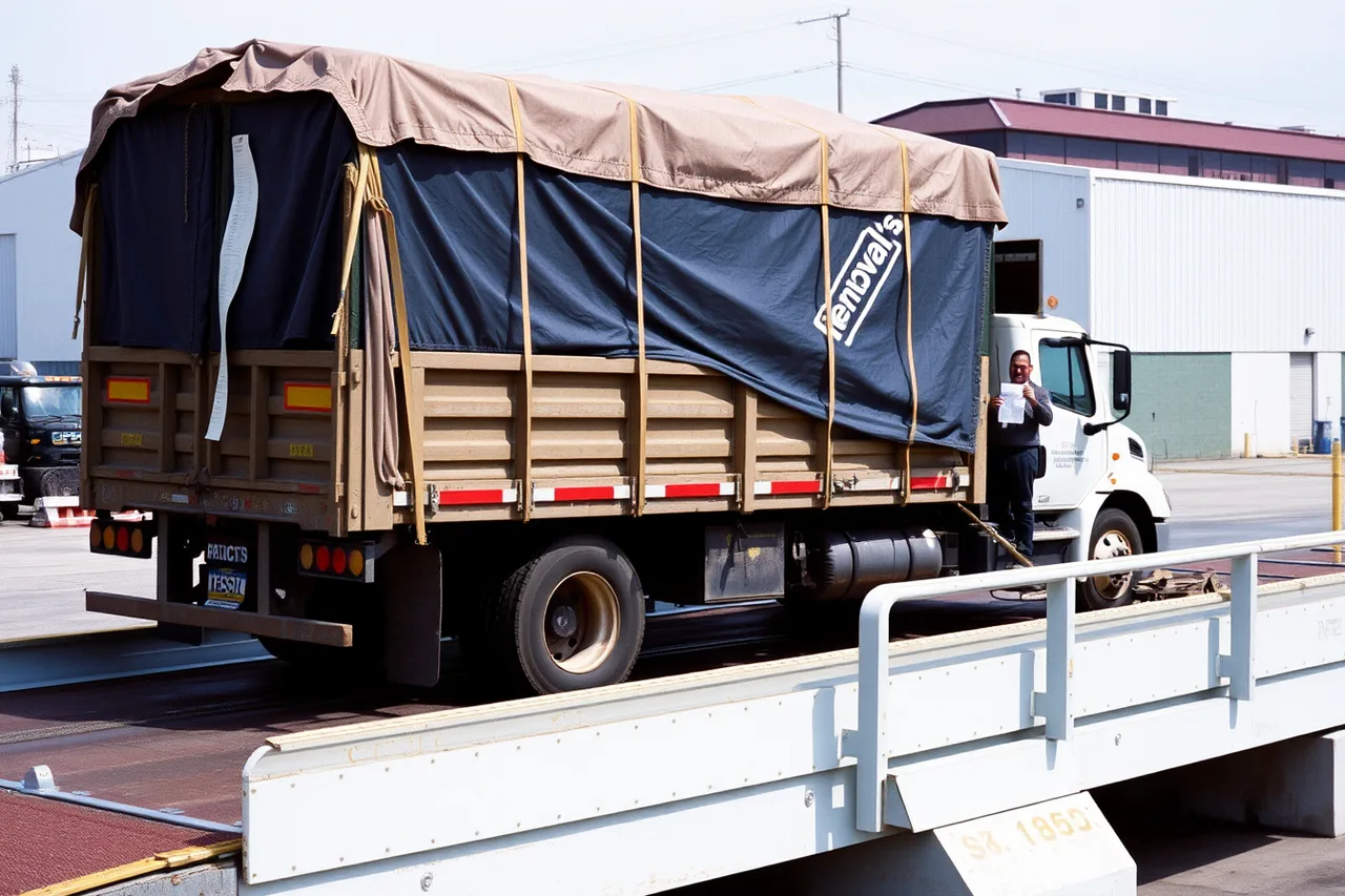 Tarped and strapped truck on weighbridge with driver holding ticket (Standard procedures for a junk removal business, from open to close)