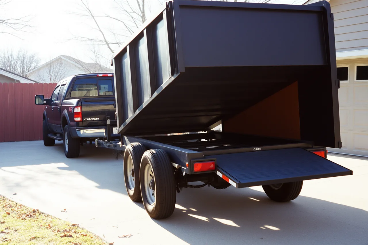 Dump trailer hitched to pickup truck with ramp down (Starting a junk removal business: the real startup costs and how owners fund them)