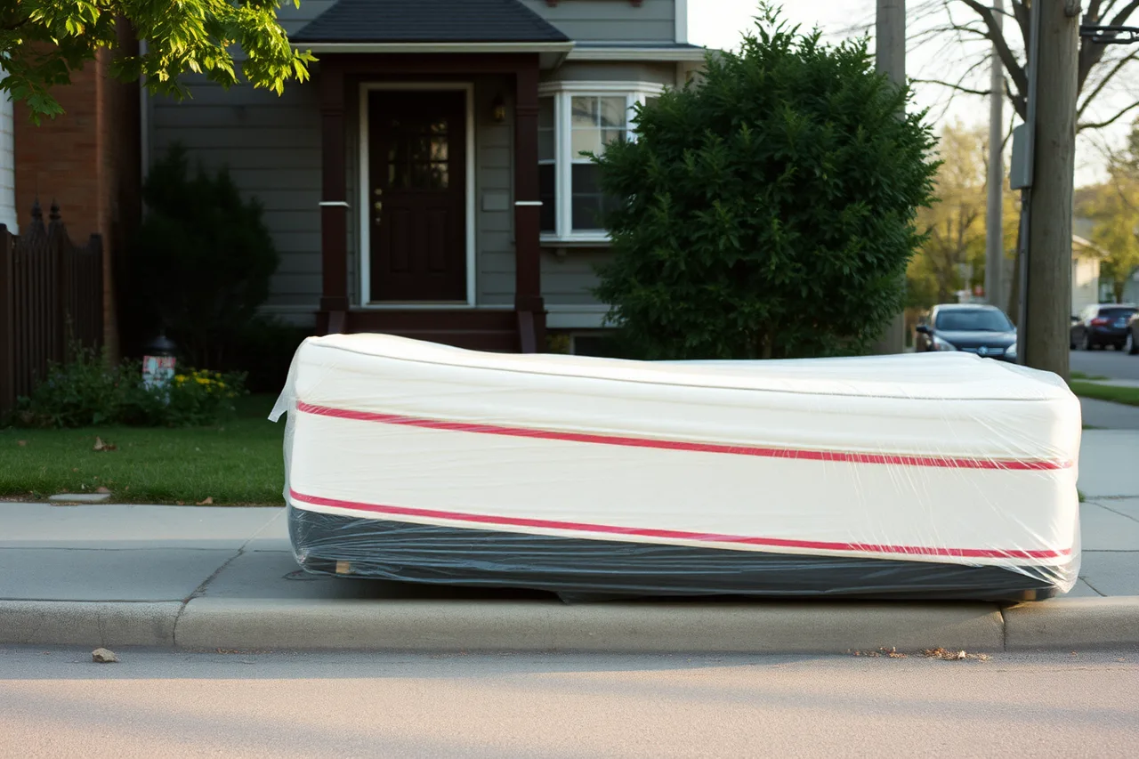 Plastic-wrapped mattress and box spring at a Toronto curb (Municipal bulky-item bylaws compared for Toronto, Vancouver and Montreal)