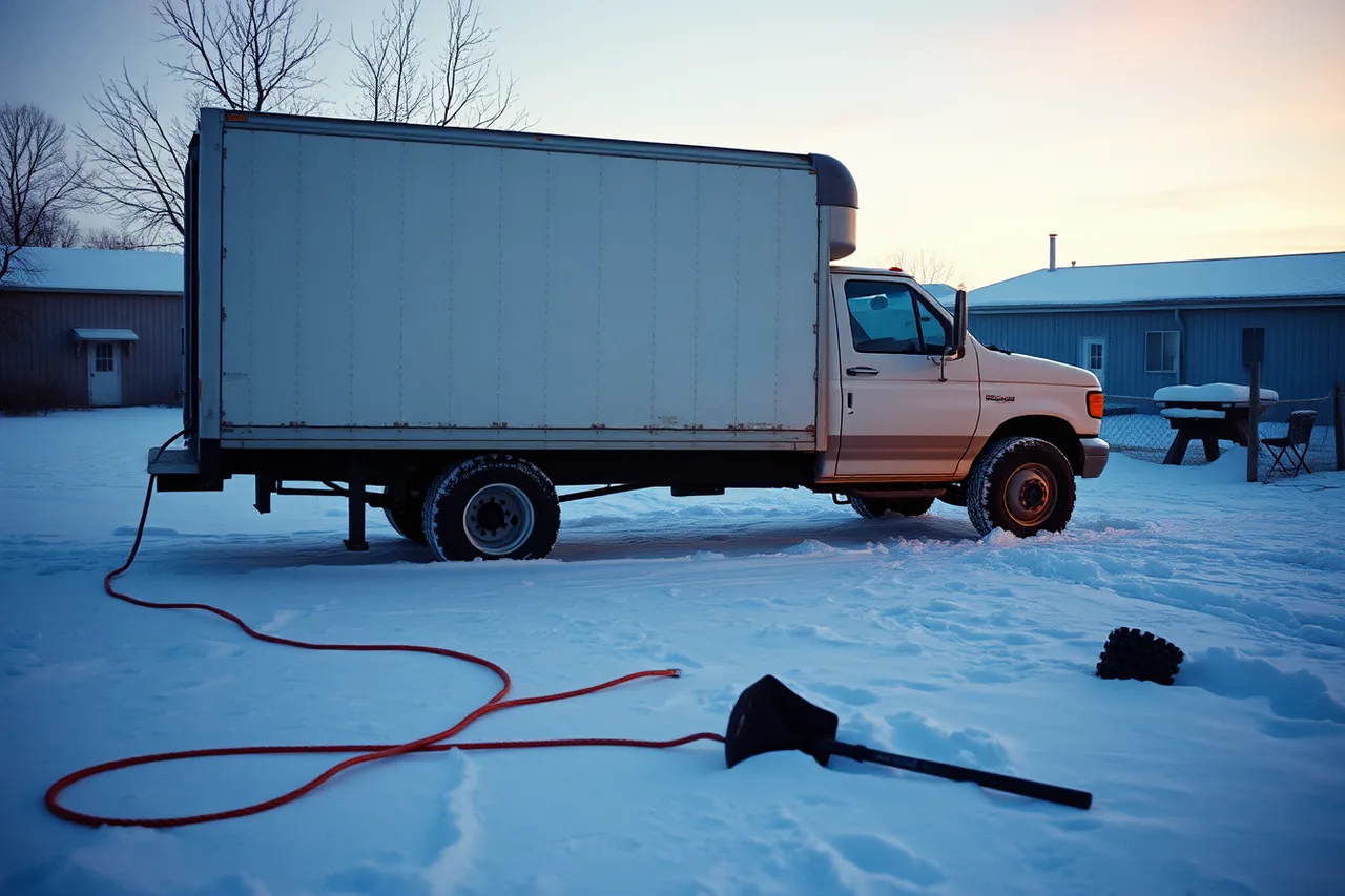 Winter-ready junk removal truck with block heater cord, winter tires and cleared ramps (Winter operations for junk removal crews in the Prairie provinces)