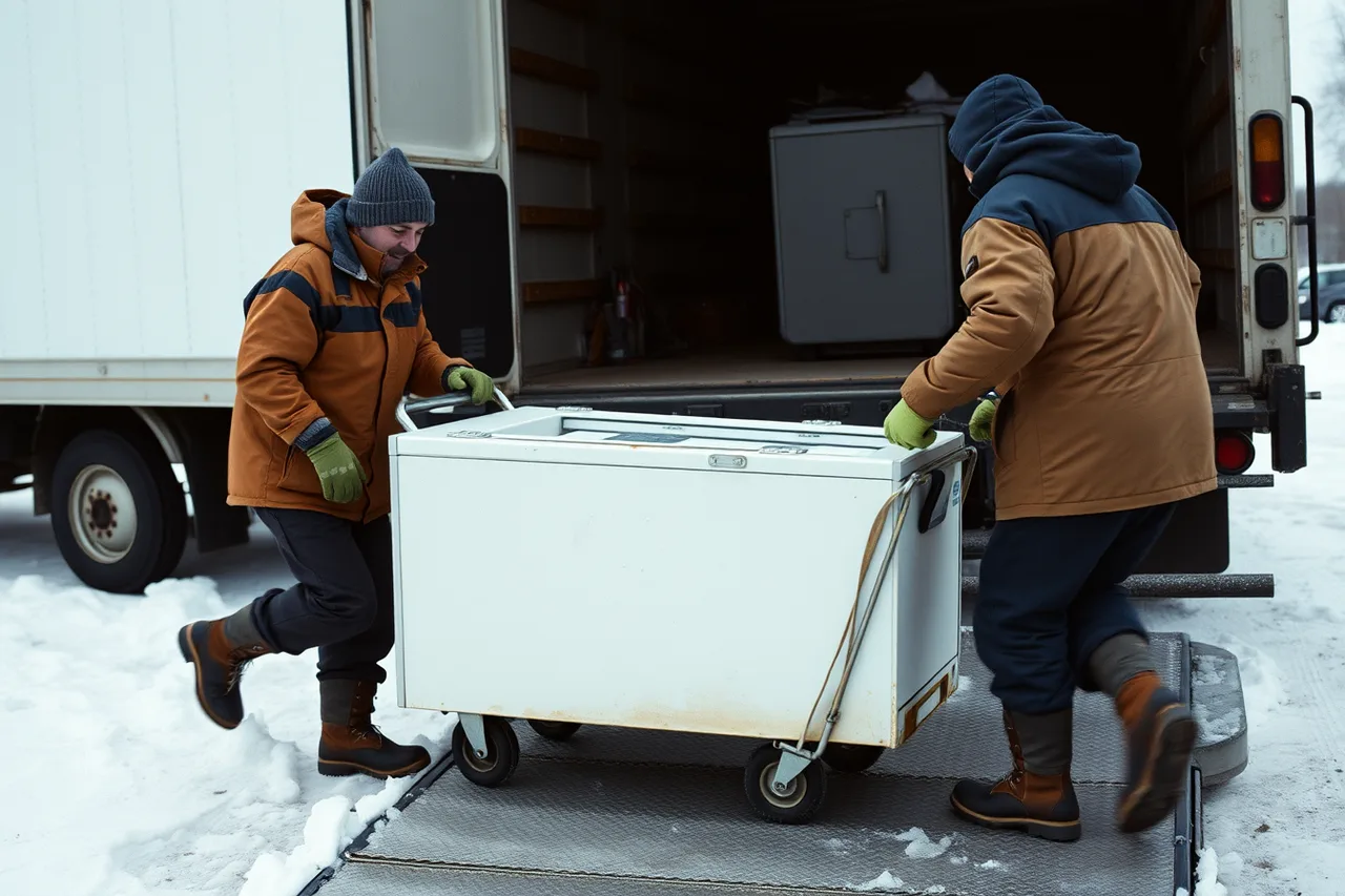 Two layered-up crew members moving a fridge on a dolly down a gritted ramp (Winter operations for junk removal crews in the Prairie provinces)